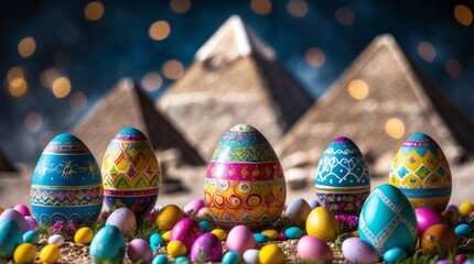 Easter-themed composition featuring colorful decorated eggs set against the backdrop of ancient pyramids 