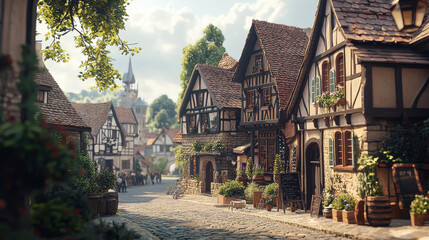 A picturesque medieval village street scene showcases charming half-timbered houses, cobblestone streets, lush greenery, and a distant church steeple under a bright sunny sky