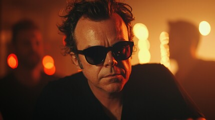 Close-up of man in sunglasses, intense expression
