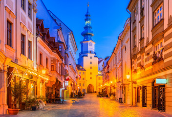 Bratislava, Slovakia. Street in the Old Town leading to Michael Gate tower.