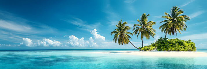 pristine tropical island paradise - adorned with swaying palm trees and surrounded by the clear blue sea wide banner -