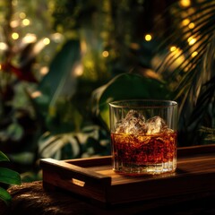 A glass of whiskey with ice cubes on a wooden tray against a green background with tropical plants and lights