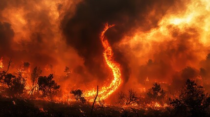 A fire tornado forming within an intense wildfire.