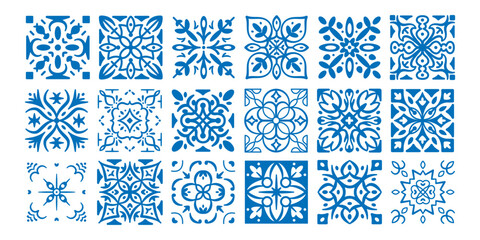 Azulejos pattern. Mediterranean tile ornaments. Traditional ceramic tiles. Blue and white traditional Portuguese, Spanish geometric, ceramic floral mosaic. Decorative vector set