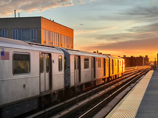 Subway at Sunset with Golden Light on Cars (Queens, New York, USA) 