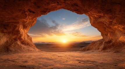 The entrance of a cave opens to a stunning view of the desert sunset, offering a unique perspective of the landscape accentuated by colorful clouds and sunlight.