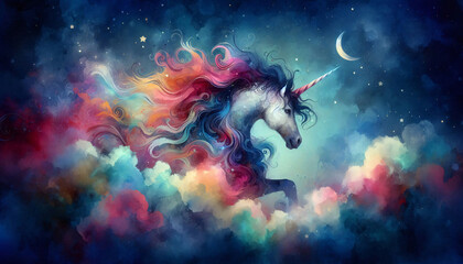 Colorful unicorn silhouette in dreamy watercolor tones, surrounded by stars and a whimsical sky. Perfect for magical book covers, nursery wall art, or fantasy-themed children’s illustrations.