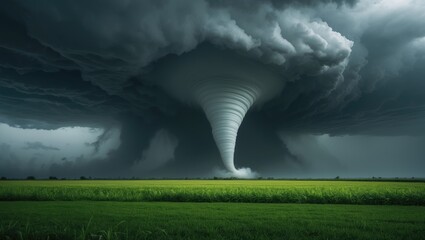 Supercell thunderstorm producing a tornado over a field