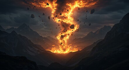 A cinematic scene of a massive tornado made of fire spiraling up a mountain. The fiery tornado lifts chunks of burning rock, sending them into the air