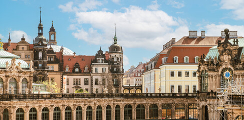 Architectural monuments of Dresden. The palace complex. View from the Zwinger wall of the Residenzschloss