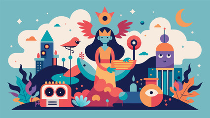 A surreal composition featuring fantastical elements and whimsical figures inspired by the unique and dreamy soundscapes of an indie band.. Vector illustration