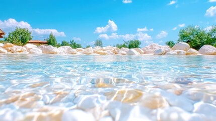Crystal Clear Water White Rocks Sunny Day High-Resolution Shallow Depth Low Angle View Summer Relaxation Scenic Background Bright Aqua Tones Travel Brochure