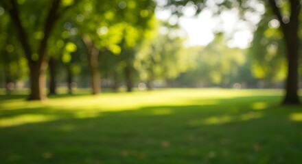 Blurred Green Park Landscape with Lush Meadow and Sunny Trees