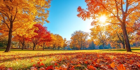 A picturesque autumn scene of trees with orange and red leaves lining the road