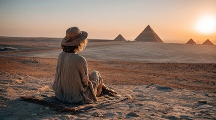 Desert landscape with pyramids at sunrise, featuring a solitary figure.