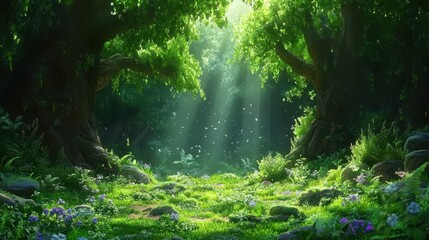A fantasy forest plant anime background features an enchanting woodland scene filled with imaginative, otherworldly flora.