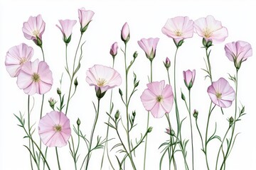 Watercolor painting of delicate pink flowers with slender green stems