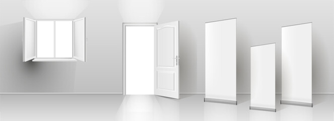 A pillar and a white plastic window frame on a neutral background. Wide realistic open window with slopes and window sill, office. Layout of a template for interior design. Vector illustration 