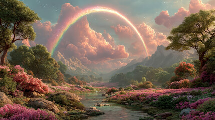 A glowing rainbow runs through a magical fairytale forest among flowers and trees and pink clouds