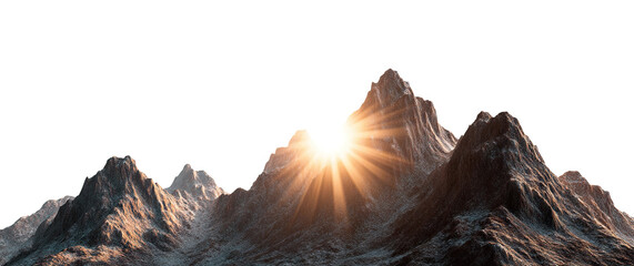 Picturesque mountains with sun rising behind peaks, isolated on transparent cutout background