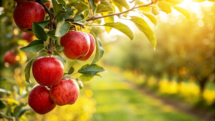 Red Apples on tree in garden in Natural Sunny day background, Red Apple Hanging on tree