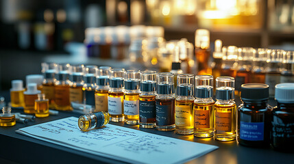 indie perfume blending station with essential oils and glass vials,