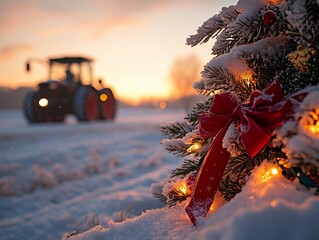 Festive Christmas scene in snowy field with a tractor