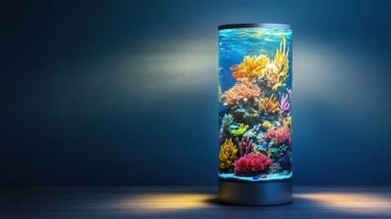 Glowing reef aquarium lamp on table creates underwater fantasy atmosphere at home
