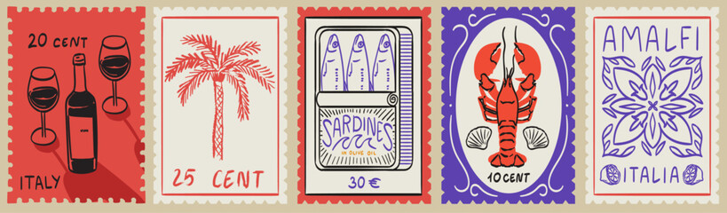 Summer Italy. Amalfi. Vector illustration of postage stamps with image of blue Italian Mediterranean tiles, wine, lobster on a plate, sardines can, sea shell, drawing for poster, placard or print.