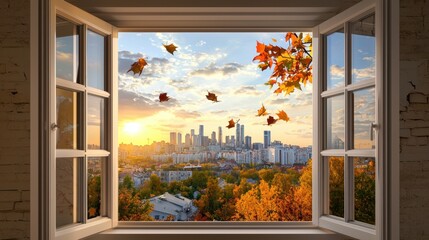 Golden sunset paints city skyline, seen through open window with autumn leaves drifting by