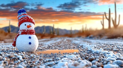 Desert winter snowman with hat & scarf by icy puddle, cacti, sunset background