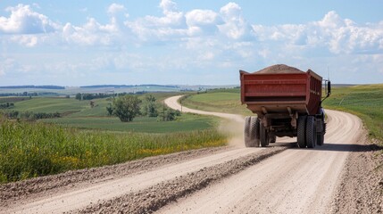 A dump trailer hauling gravel along a dirt road