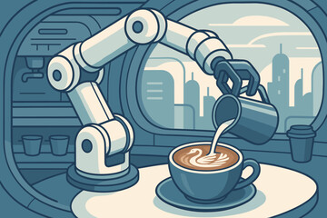 The coffee-tech scene is characterized by a flat layout that incorporates a robotic arm, cups, and sleek pod seating
