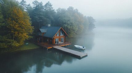serene lake rental house with dock and boat surrounded by misty trees