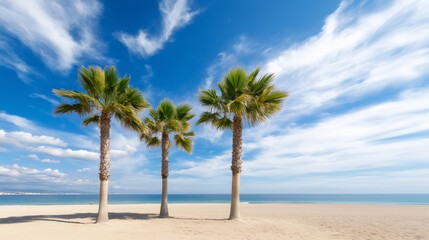 Trzy palmy stojące na piaszczystej plaży pod błękitnym niebem z białymi chmurami w słoneczny dzień