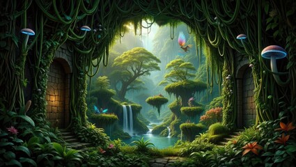 Magical lush forest clearing, glowing trees, giant mushrooms, fairy lights, enchanted secret place, fantasy nature realm. Generative AI.