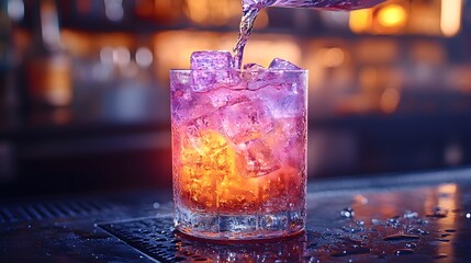 Pouring colorful liquid into a glass of ice cubes on a wet bar surface, with bright pink, purple, orange and yellow hues.