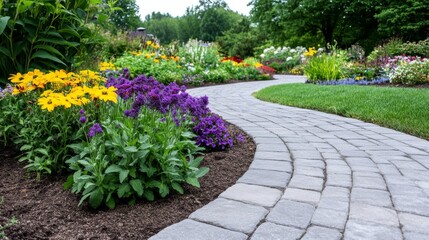 A winding pathway is paved with gray bricks and bordered by vibrant flowers and lush green grass. Colorful blooms in yellow, purple, and orange shades create a beautiful summer scene.