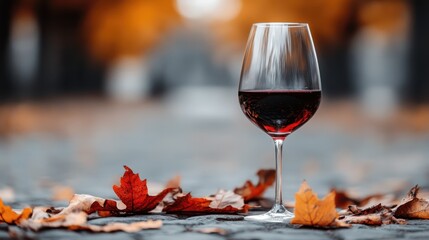 A captivating image of a glass of red wine gracefully positioned among a spread of fallen autumn leaves, representing the warmth and nostalgia of the fall season.