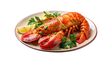 Delicious cooked lobster on a plate with lemon and parsley garnish