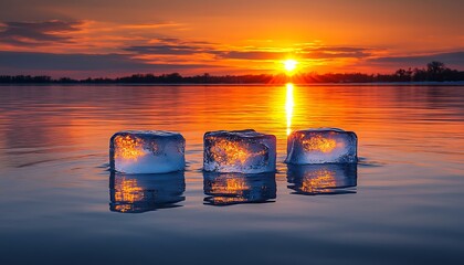 Three ice cubes float on the water surface with a beautiful sunset in the background