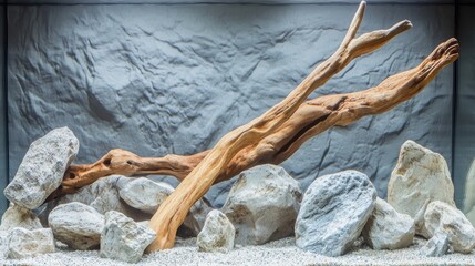 Aquascaping Arrangement with Driftwood and Rocks on Light Gravel Bed