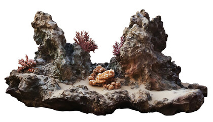 Isolated rocky aquarium decoration with coral on transparent background png