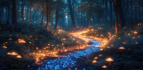 Enchanting forest stream, glowing mushrooms, fantasy background, magical scene