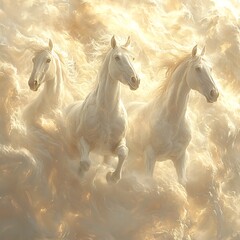 Three white horses gallop through radiant clouds
