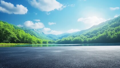 Serene mountain lake vista with paved road foreground. Lush greenery, tranquil water, and a clear sky create a picturesque scene
