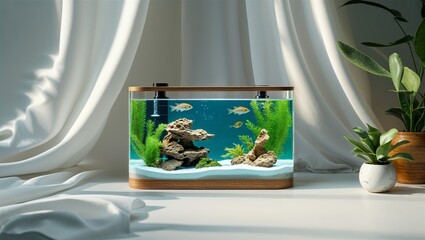 Photorealistic image of a usb desktop aquarium with soft white backdrop