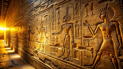 Ancient Egyptian Hieroglyphs: Weathered Stone Wall in Golden Light