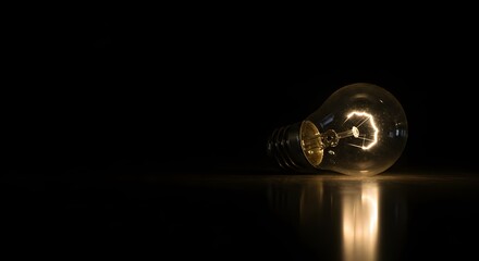 A single light bulb lying on a reflective surface with a soft glow, set against a dark, moody background