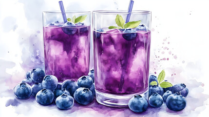 Watercolor illustration of non-alcoholic drinks on white background. Watercolor Illustration of Blueberry Juice.